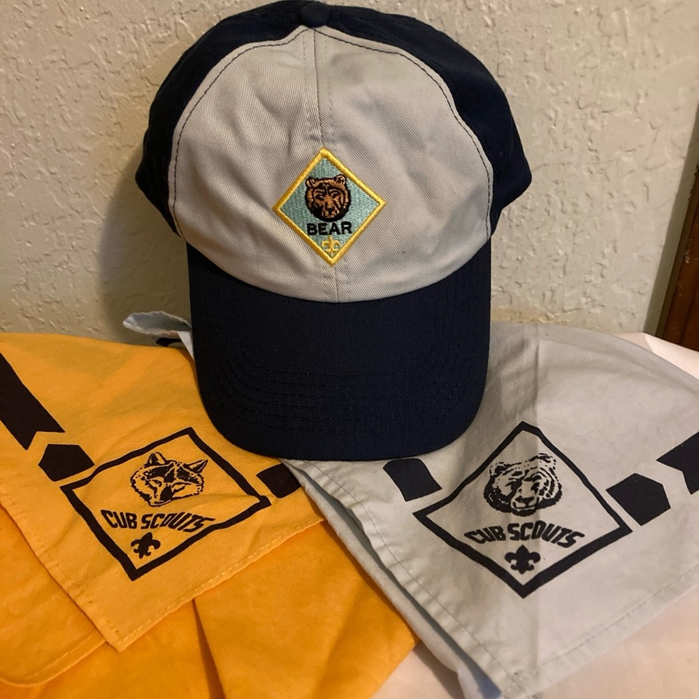 2 Vintage BSA Boy Cub Scout Yellow Blue Neckerchief W/Youth adjustable Cap